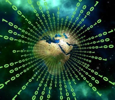 An image with binary code emerging from the world