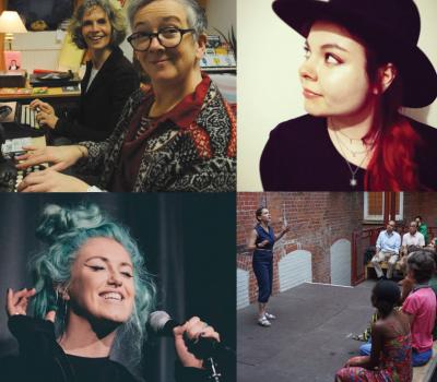 Top row left to right: Jan Bee Brown & Maria MacDonell (credit Cardigan & Mac), Erin May Kelly Bottom row left to right: Imogen Stirling, Lily Asch Audacious Women Live! image